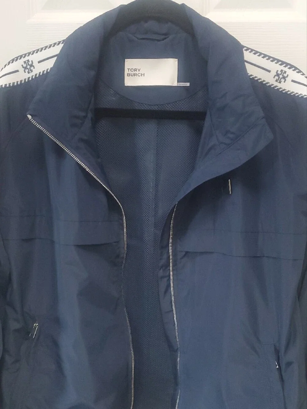 Tory Burch Navy Nylon Hooded Jacket with White Logo-Pattern Sleeve Tape